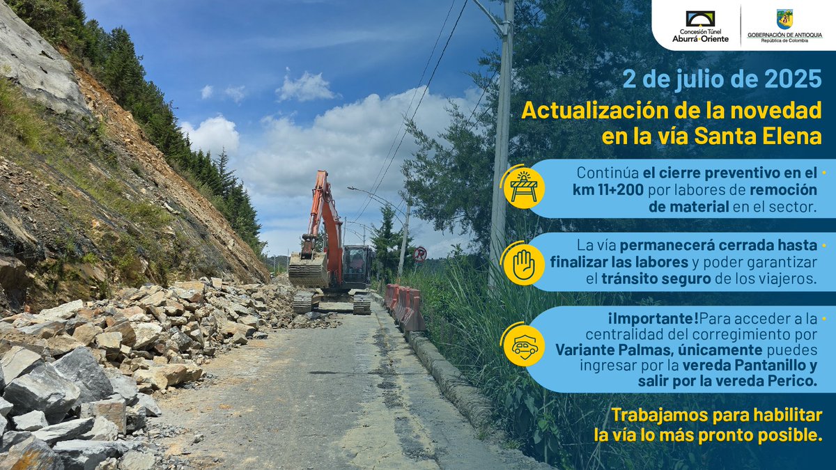Concesión Túnel Aburrá Oriente (@concesiontao) on Twitter photo Continúa el cierre preventivo en el km 11+200 debido a labores de remoción de material.
Ten presente las indicaciones para el ingreso y salida del corregimiento desde Variante Palmas.
Nuestro equipo trabaja para habilitar la vía tan pronto como sea posible y garantizar el Continúa el cierre preventivo en el km 11+200 debido a labores de remoción de material.
Ten presente las indicaciones para el ingreso y salida del corregimiento desde Variante Palmas.
Nuestro equipo trabaja para habilitar la vía tan pronto como sea posible y garantizar el