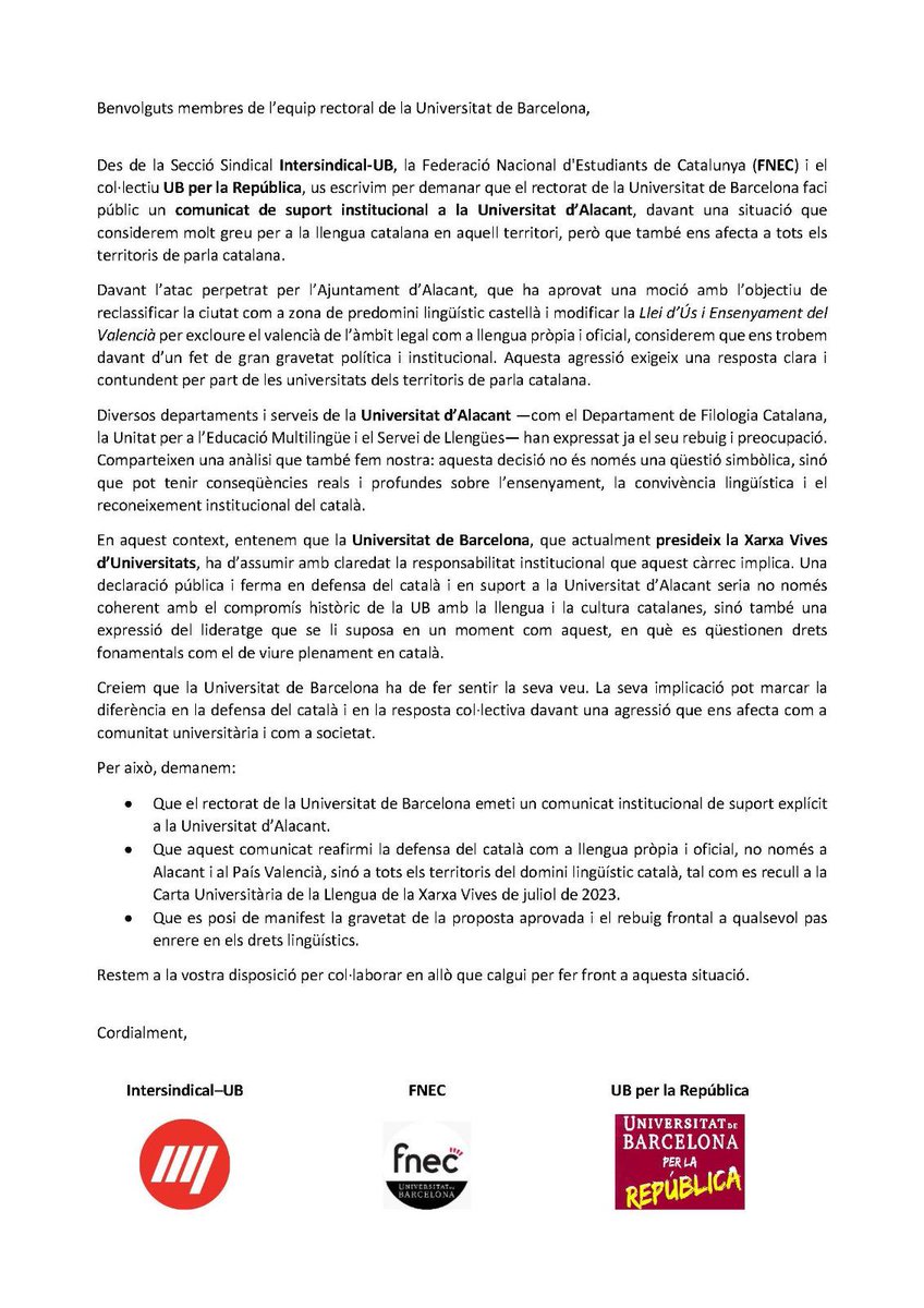 ‼️Demanem que la Universitat de Barcelona mostri suport institucional a la Universitat d'Alacant‼️

Conjuntament amb <a href="/UBfnec/">FNEC UB</a> i <a href="/UBxlaRepublica/">UBxlaRepública 🎗</a> 

Per la llengua, ni un pas enrere!