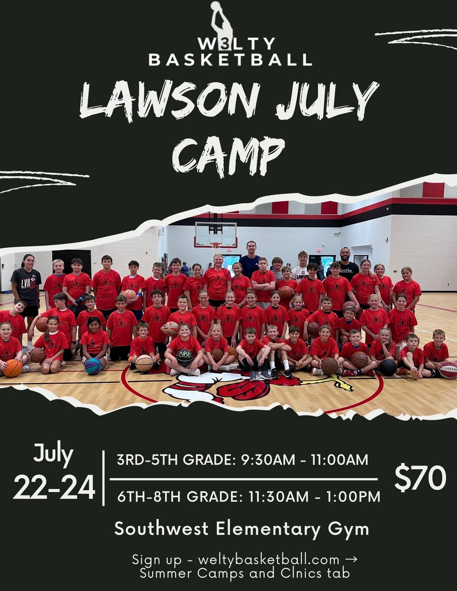 Sign up now for the Welty Basketball Camp July 22-24 (weltybasketball.com) at our Southwest Elementary Gym!

"TOGETHER WE WIN!" #TWW
"GO CARDINALS!" #WeAreLawson