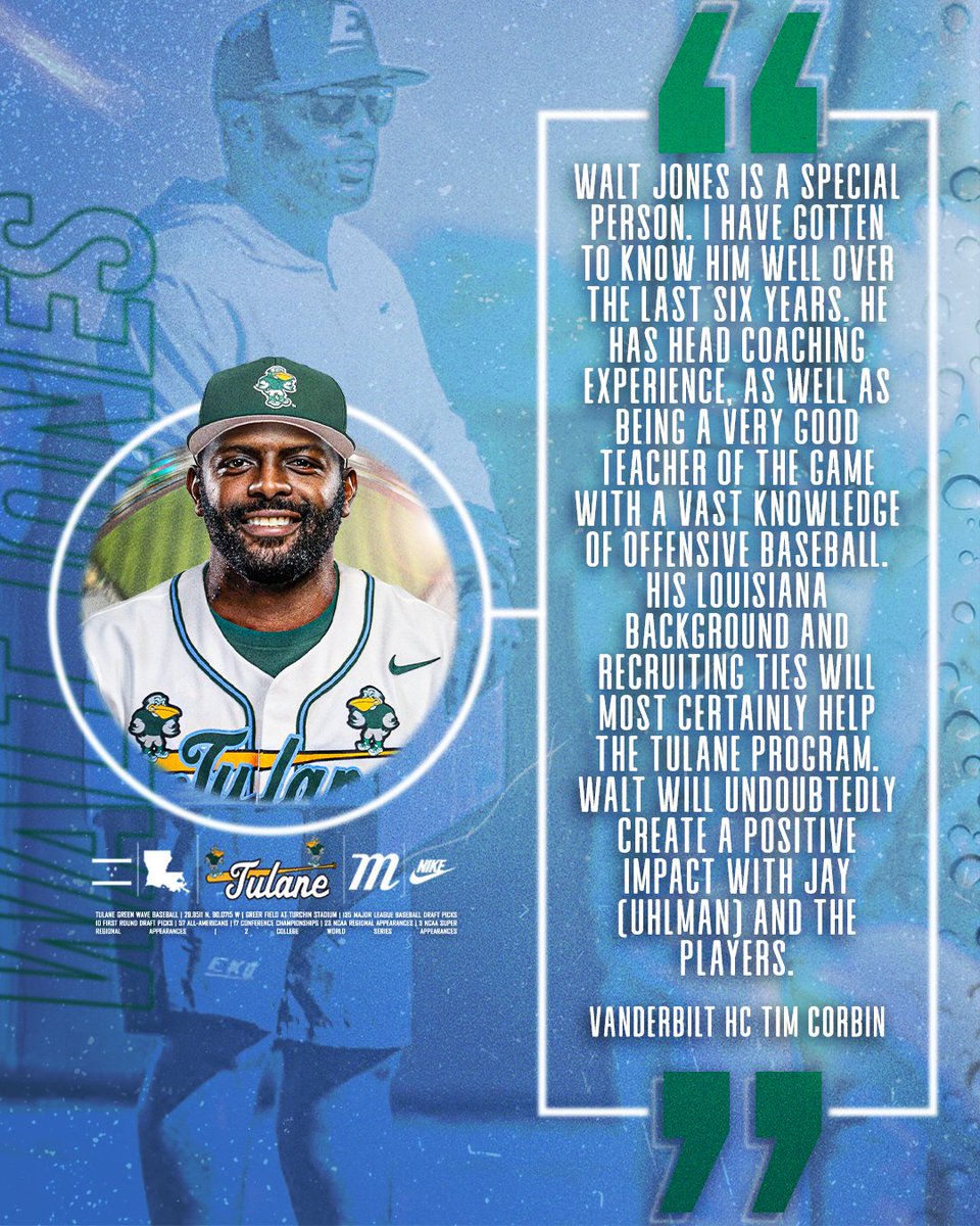 Tulane Baseball (@greenwavebsb) on Twitter photo 🗣️ Some fine words on Walt Jones by Vanderbilt baseball head coach Tim Corbin ⤵️
#RollWave 🌊⚾️ 🗣️ Some fine words on Walt Jones by Vanderbilt baseball head coach Tim Corbin ⤵️
#RollWave 🌊⚾️