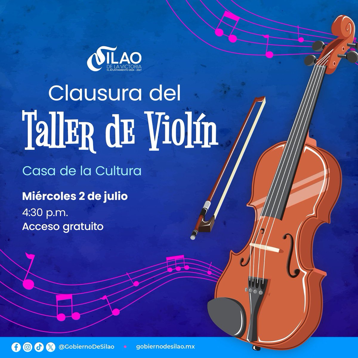 🎻💜✨ ¡Hoy terminan las actividades del taller de #Violín! 🩷💙✨ Nos vemos en la #CasaDeLaCultura para disfrutar del recital de clausura.