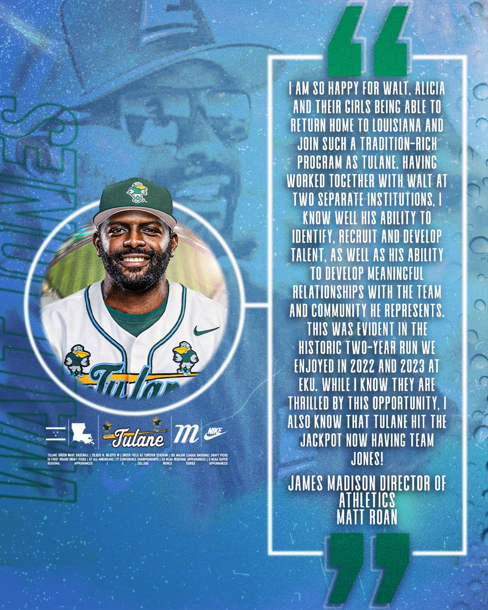 Tulane Baseball (@greenwavebsb) on Twitter photo 🗣️ Former EKU and current James Madison Athletic Director Matt Roan is a BIG fan of Walt Jones!
#RollWave 🌊⚾️ 🗣️ Former EKU and current James Madison Athletic Director Matt Roan is a BIG fan of Walt Jones!
#RollWave 🌊⚾️