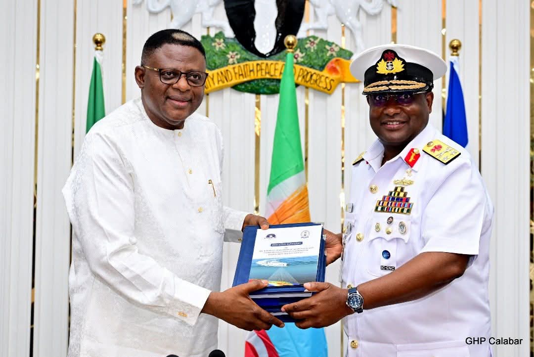 NHA_Nigeria's tweet photo. The Hydrographer of the Federation, Rear Admiral Ayo Olugbode on Tue 1 Jul 25, officially presented the Hydrographic, Geophysical and Geotechnical Report along with 3 new Navigational Charts for the proposed Bakassi Deep Seaport Project to the Cross River State Government. https://t.co/JCYgHgw6nO