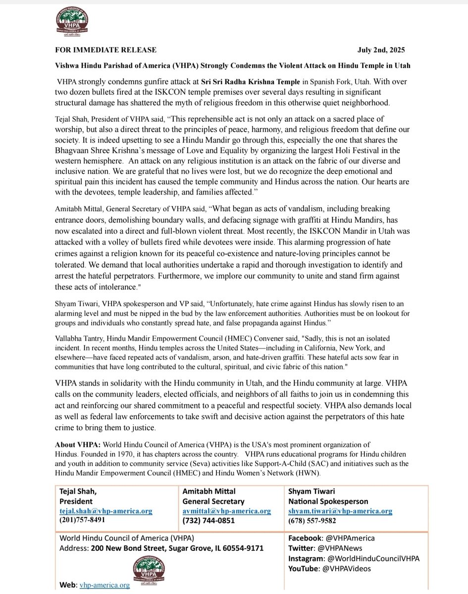 mandircouncilus's tweet photo. We strongly condemn this hateful attack on Shri Shri Radha Krishna Temple in Spanish Fork, Utah

#attackonhindutemple #utah #radhakrishna #spanishfork #shrishriradhakrishnatemple 
@VHPANews @ISKCONnews https://t.co/EwPHPqpoZT