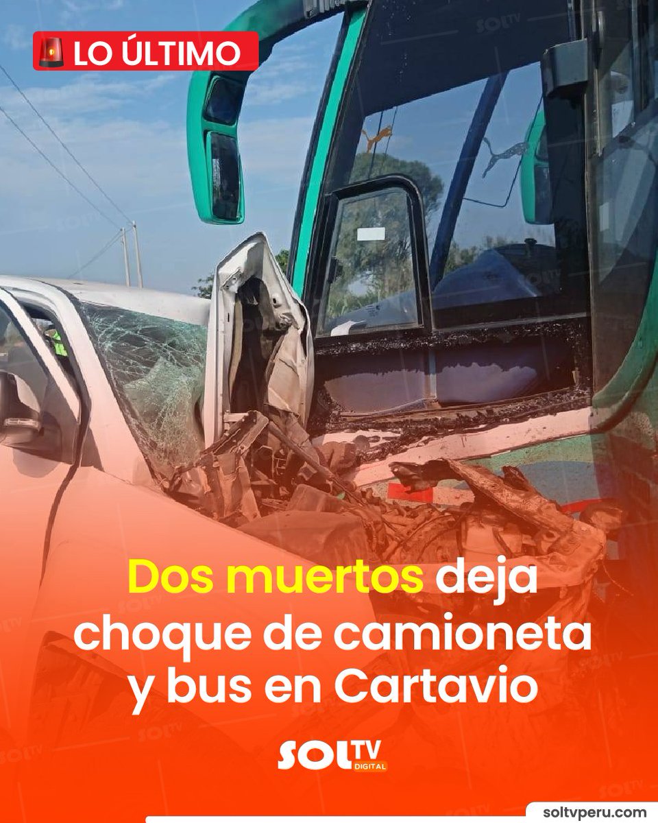 soltvcanal's tweet photo. 🚨🚨🚨 #LO_ÚLTIMO #ASCOPE l Fatal choque entre bus y camioneta deja dos fallecidos, ambos del vehículo menor. Un bus interprovincial de la empresa Señor de los Milagros colisionó violentamente contra una camioneta en plena curva de la avenida Miraflores, en Cartavio, provincia de Ascope.
Noticia en desarrollo.