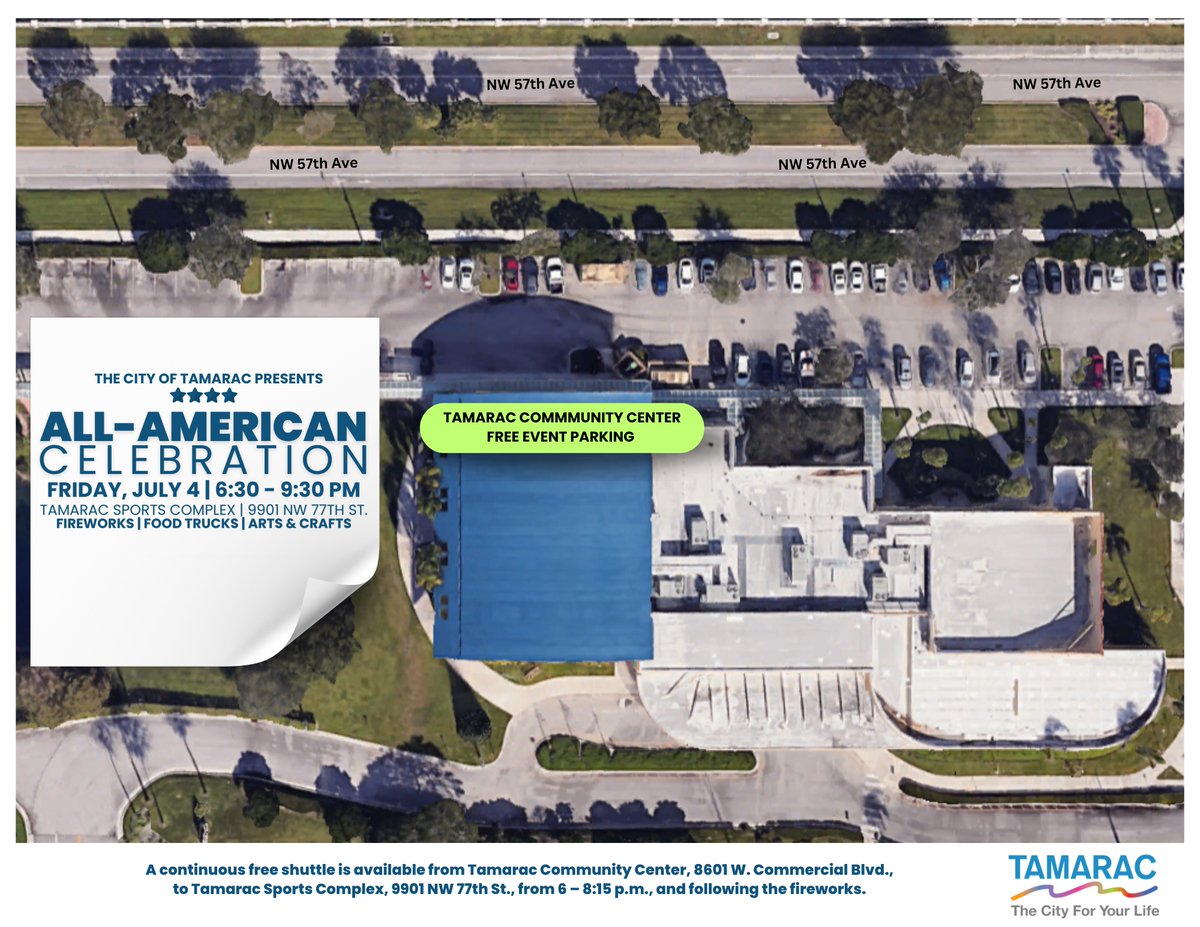 Sparks will fly red, white and blue at the FREE All-American Celebration on Friday, July 4 at 6:30 p.m., at the Tamarac Sports Complex. View these maps for parking information and event layout.
This FREE event is packed with excitement!