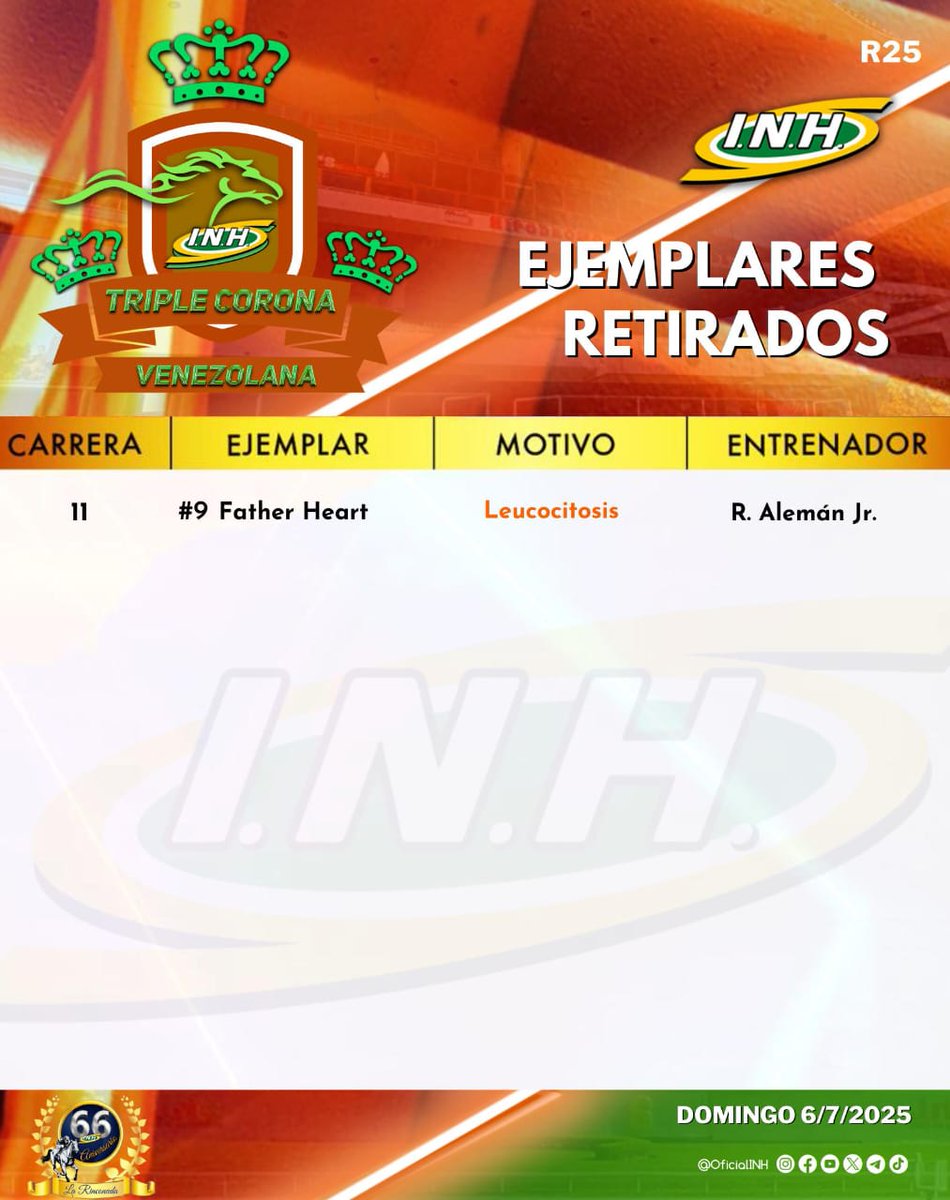 #RetiradosINH 💉

➡️ Presentamos la actualización de los ejemplares retirados oficiales hasta el momento para la R25, este domingo 6 de julio en el Hipódromo Internacional La Rinconada.

#Hipismo 🏇