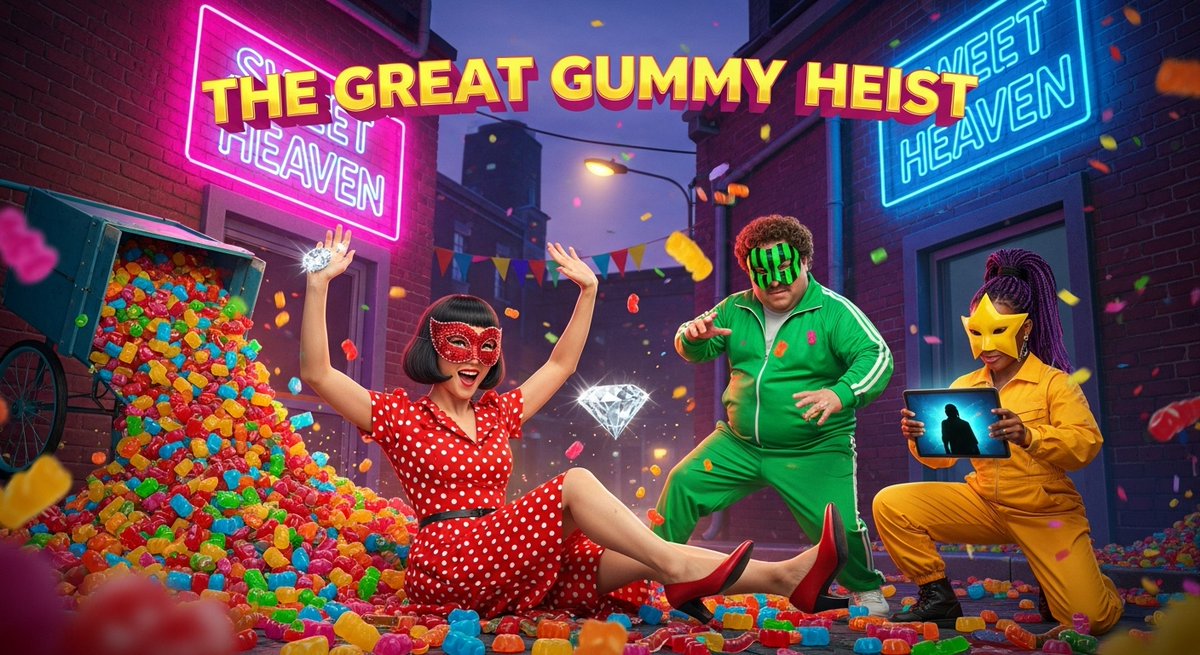 helperrs's tweet image. Get stuck in the wildest heist of 2025! The Great Gummy Heist is a neon-charged comedy explosion with gummy avalanches &amp;amp; a prank twist! Watch Tina’s crew bumble their way to glory! 

youtube.com/watch?v=BniQyC…

#GummyHeist #Comedy2025 #NeonChaos