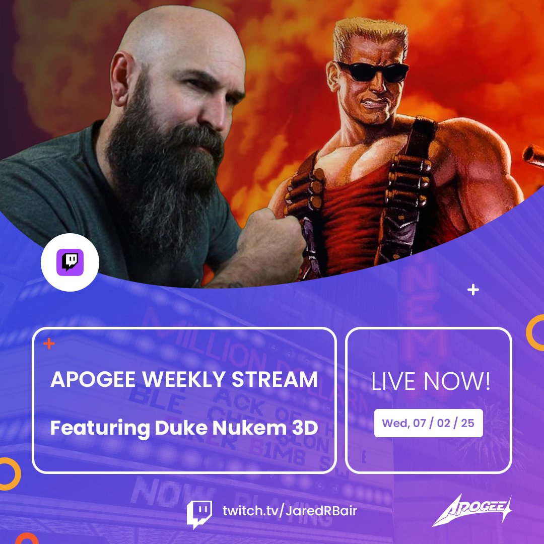 Apogee Entertainment (@apogee_ent) on Twitter photo Time to kick ass with our Apogee Weekly Stream with <a href="/JaredRBair/">Jared R.Bair</a> and we're blasting into Duke Nukem 3D.
The Apogee Weekly Stream is LIVE!
Don’t miss it: twitch.tv/JaredRBair Time to kick ass with our Apogee Weekly Stream with <a href="/JaredRBair/">Jared R.Bair</a> and we're blasting into Duke Nukem 3D.
The Apogee Weekly Stream is LIVE!
Don’t miss it: twitch.tv/JaredRBair