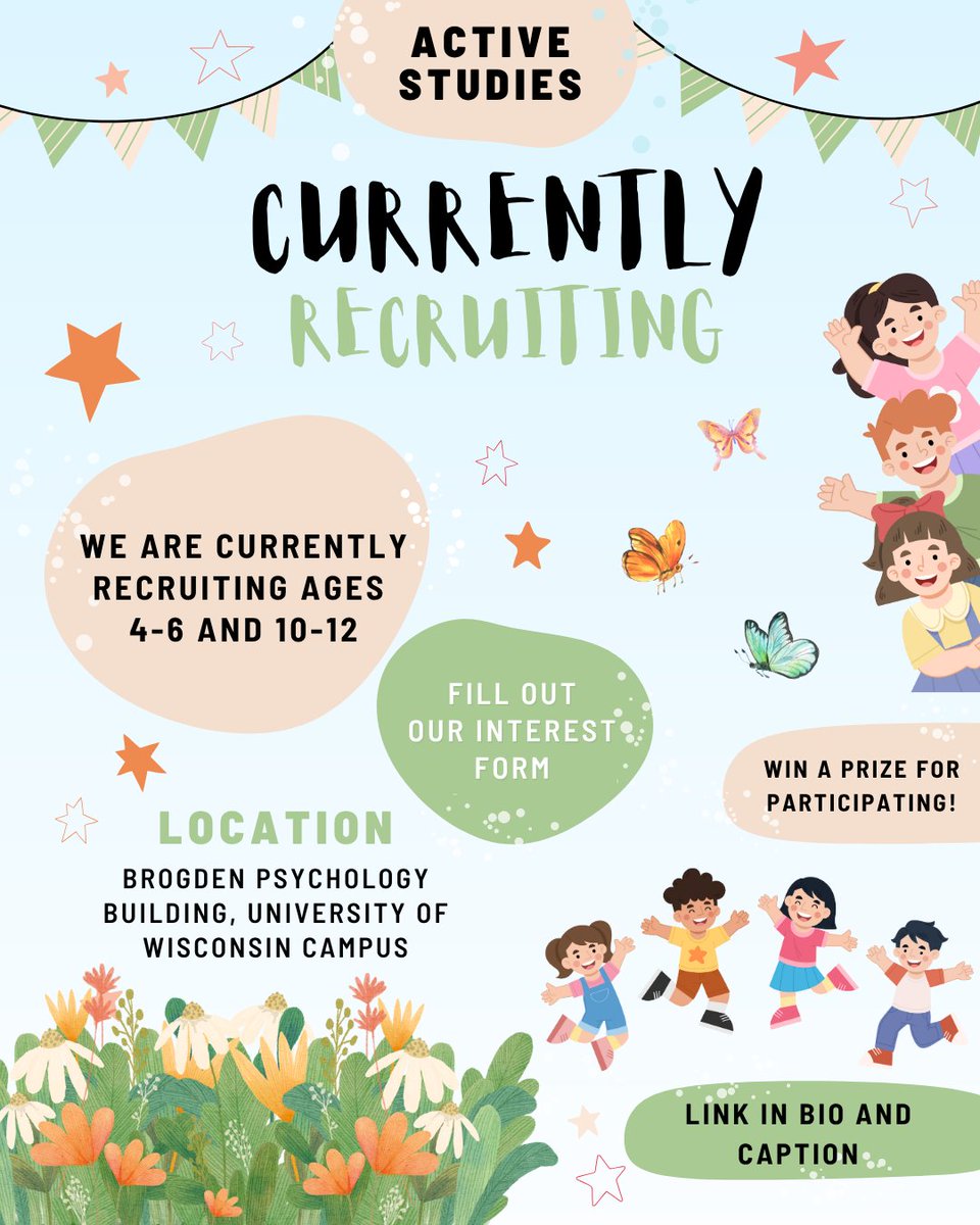 DISC_LabKids's tweet image. The DISC Lab is currently recruiting for our active studies! We are looking for children ages 4-6 and 10-12 to participate!
Interested? Fill out our form linked below!
disclab.psych.wisc.edu/participate-in…