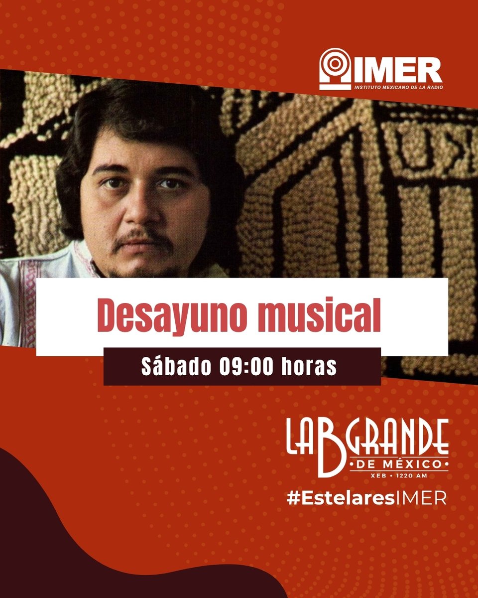 IMER (@imerhoy) on Twitter photo ✅ Desayuno musical🎶 Mañana a las 09:00 horas por <a href="/XEB1220AM/">La B Grande de México 🇲🇽📻</a> Celebramos la obra de Guadalupe Trigo, compositor, guitarrista y cantante yucateco que supo cantarle al amor sin olvidar el compromiso social. #EstelaresIMER
📻 Escúchanos en vivo: imer.mx/xeb/xeb-en-viv… ✅ Desayuno musical🎶 Mañana a las 09:00 horas por <a href="/XEB1220AM/">La B Grande de México 🇲🇽📻</a> Celebramos la obra de Guadalupe Trigo, compositor, guitarrista y cantante yucateco que supo cantarle al amor sin olvidar el compromiso social. #EstelaresIMER
📻 Escúchanos en vivo: imer.mx/xeb/xeb-en-viv…