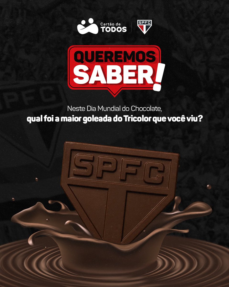 cdtsaopaulofc's tweet photo. O chocolate no mundo do nosso futebol nos lembra de goleadas e grandes placares. O Cartão de TODOS São Paulo FC quer, neste Dia Mundial do Chocolate, que você nos conte, nos comentários, a maior goleada que viu o Tricolor aplicar em outro time. 🍫

#TODOSsomosSãoPaulo https://t.co/DoK2zKOwij