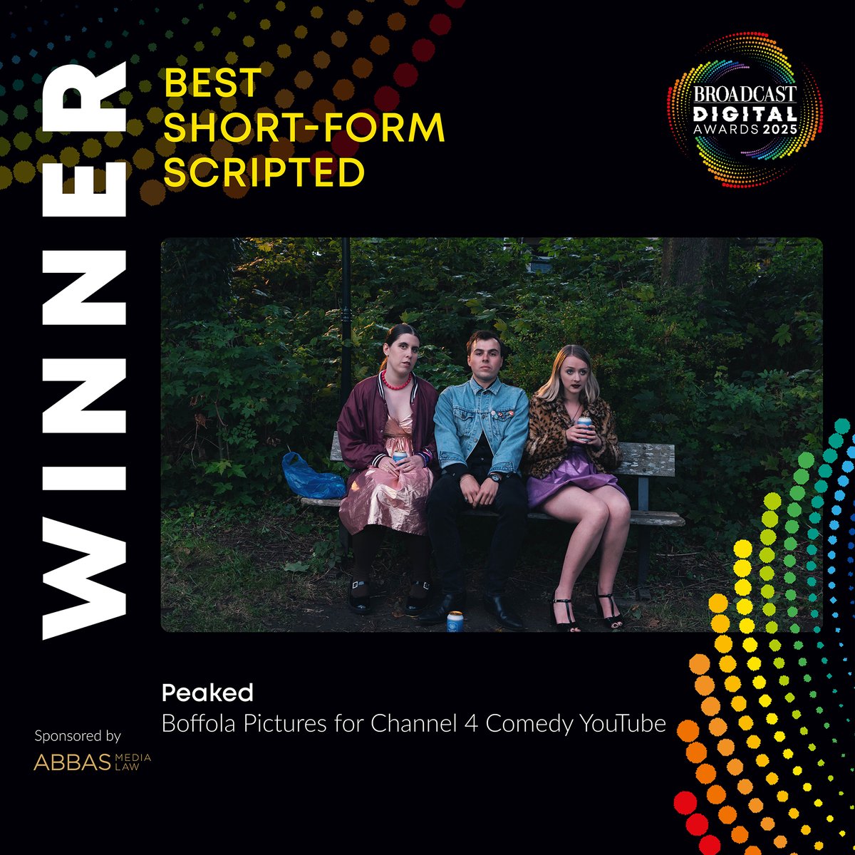 The award for Best Short-Form Scripted (sponsored by @ABBASMediaLaw), goes to: Peaked - Boffola Pictures for Channel 4 Comedy YouTube #BDA2025