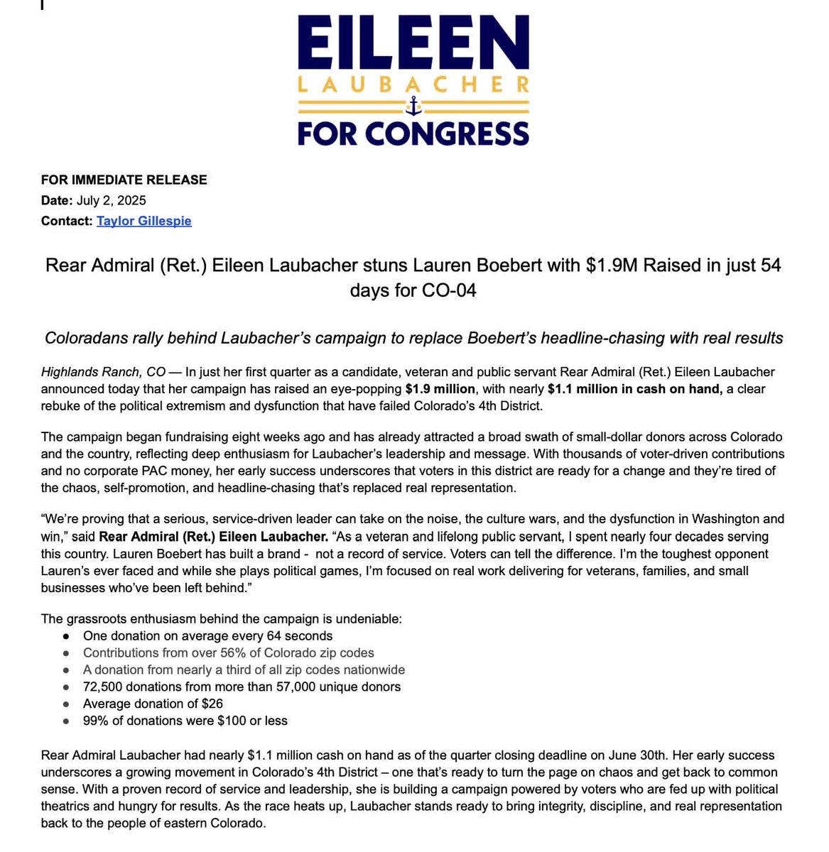 Wow, from the bottom of my heart, THANK YOU! This is beyond my wildest expectations but it's reaffirming my choice to take on Lauren Boebert because Coloradans deserve better.