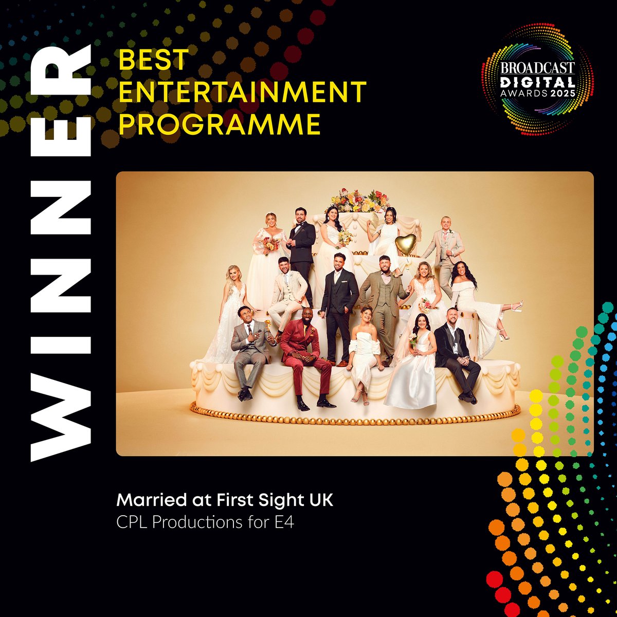 Broadcast Digital Awards (@broaddigiawards) on Twitter photo Now we come to the award for Best Entertainment Programme, and the winner is - <a href="/MAFSUK/">Married at First Sight UK</a> - <a href="/CPLProductions/">CPL Productions</a> for <a href="/E4Tweets/">E4</a> #BDA2025 Now we come to the award for Best Entertainment Programme, and the winner is - <a href="/MAFSUK/">Married at First Sight UK</a> - <a href="/CPLProductions/">CPL Productions</a> for <a href="/E4Tweets/">E4</a> #BDA2025