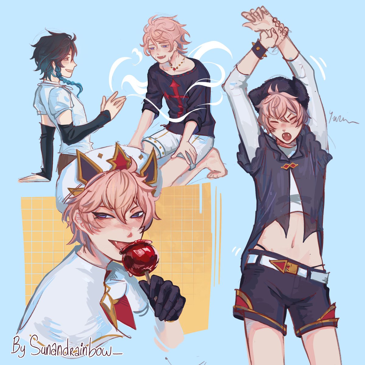 sunandrainbow_'s tweet photo. Summer Dahlia ♡ (he gets a candy apple in honor of me getting my braces removed today✨) #dahlia #venti #Genshinlmpact #venlia https://t.co/j8MN00kceY