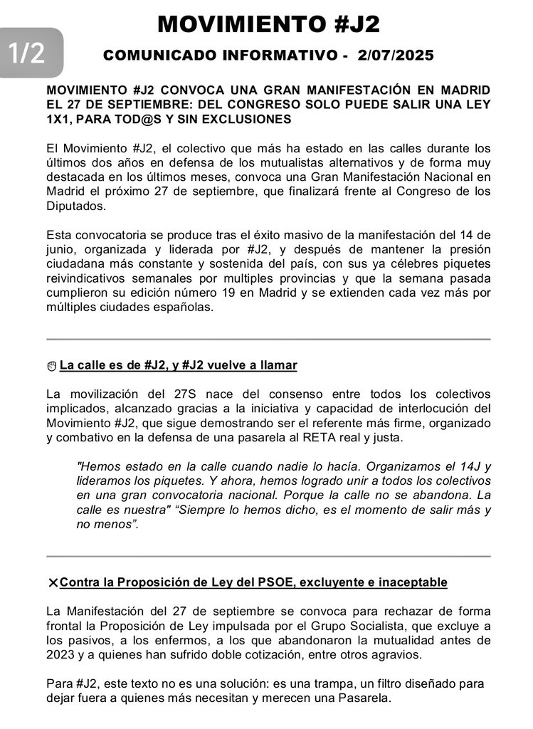 Comunicado Informativo de Movimiento #J2. 
"Hemos estado en la calle cuando nadie lo hacía. Organizamos el #14J y lideramos los piquetes. Y ahora, hemos logrado unir a todos los colectivos. Siempre lo hemos dicho, es el momento de salir más y no menos!!!" #YoVoy27SmadridJ2 
1/2