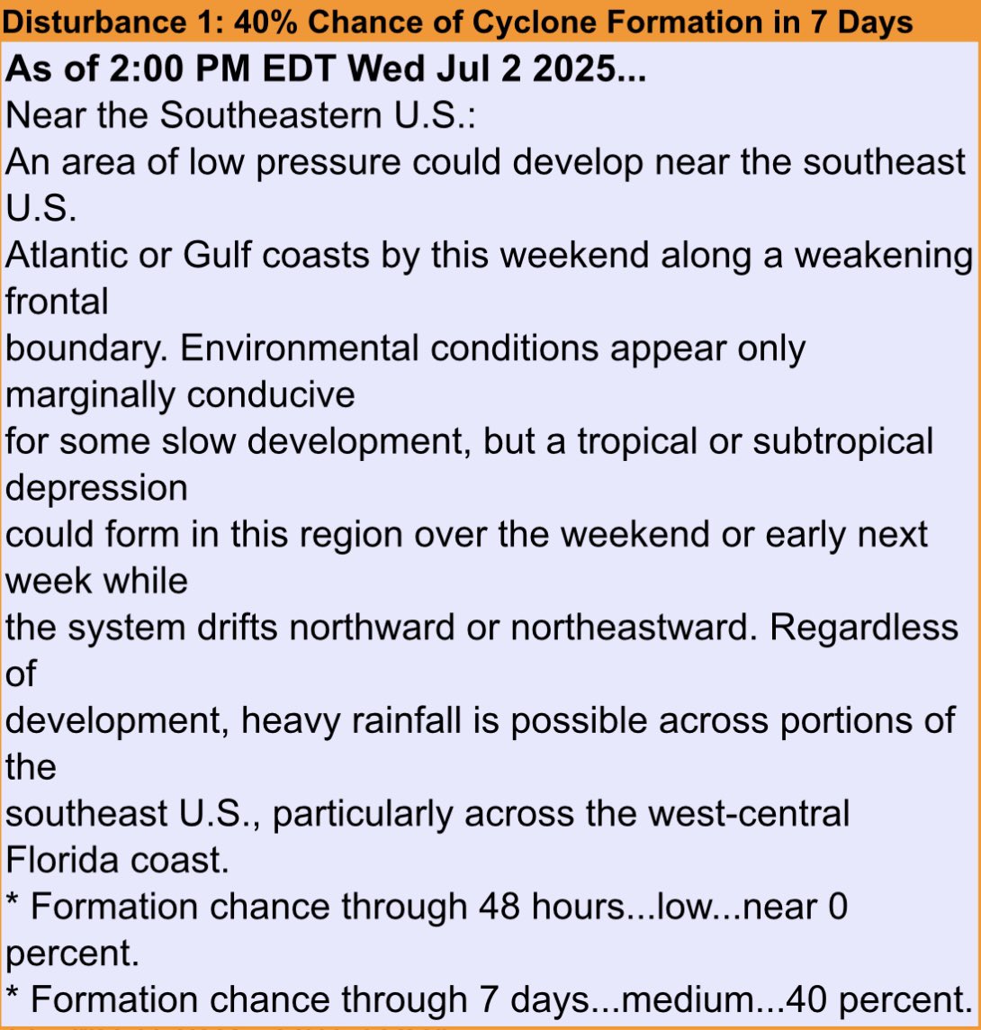 A tropical disturbance has formed off the west coast of the state. Heavy rainfall is expected in west/central Florida over the next few days and into the weekend. Please be careful as flooding is possible.