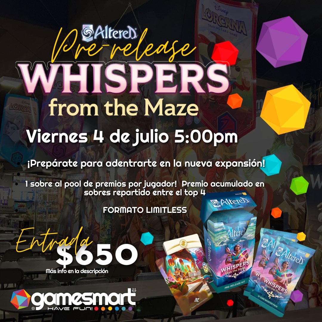 🎁 Participa, consigue un sobre promoción exclusivo de la expansión
¡sumérgete en el universo de Altered con otros exploradores como tú!

👉 Cupos limitados – ¡asegura tu lugar ahora!

altered.gg/events/01JZ1W9…

#AlteredTCG #TCG #Asmodee #whispersfromthemaze <a href="/Altered_TCG/">Altered TCG</a>