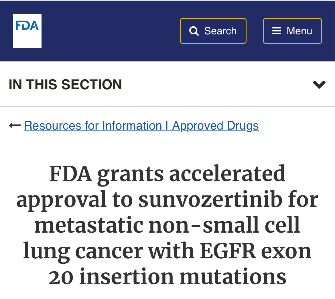 Rami Manochakian MD, FASCO Cancer Education (@rmanochakian) on Twitter photo 🔥🚨<a href="/OncoAlert/">OncoAlert</a> Hot Off The Press
<a href="/US_FDA/">U.S. FDA</a> approves:
✅ #Sunvozertinib
For: 
🔘Advanced non-small cell #LungCancer (#NSCLC) with:
🎯#EGFR #Exon20 insertion mutations, and disease progression on or after chemotherapy.
 ⭐️#ORR 46% and #DOR 11.1 months
👇🏻
fda.gov/drugs/resource… 🔥🚨<a href="/OncoAlert/">OncoAlert</a> Hot Off The Press
<a href="/US_FDA/">U.S. FDA</a> approves:
✅ #Sunvozertinib
For: 
🔘Advanced non-small cell #LungCancer (#NSCLC) with:
🎯#EGFR #Exon20 insertion mutations, and disease progression on or after chemotherapy.
 ⭐️#ORR 46% and #DOR 11.1 months
👇🏻
fda.gov/drugs/resource…