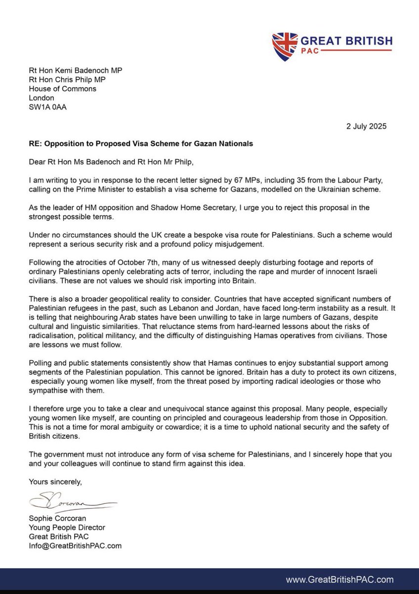 Sophie Corcoran (@sophielouisecc) on Twitter photo My letter to <a href="/KemiBadenoch/">Kemi Badenoch</a> and <a href="/CPhilpOfficial/">Chris Philp MP</a> calling on them to oppose any possibility of a visa scheme for Gazans
I know <a href="/RupertLowe10/">Rupert Lowe MP</a> has put in a motion - the Conservatives must support him.
Palestinians celebrated October 7th - they cannot be welcome here. My letter to <a href="/KemiBadenoch/">Kemi Badenoch</a> and <a href="/CPhilpOfficial/">Chris Philp MP</a> calling on them to oppose any possibility of a visa scheme for Gazans
I know <a href="/RupertLowe10/">Rupert Lowe MP</a> has put in a motion - the Conservatives must support him.
Palestinians celebrated October 7th - they cannot be welcome here.