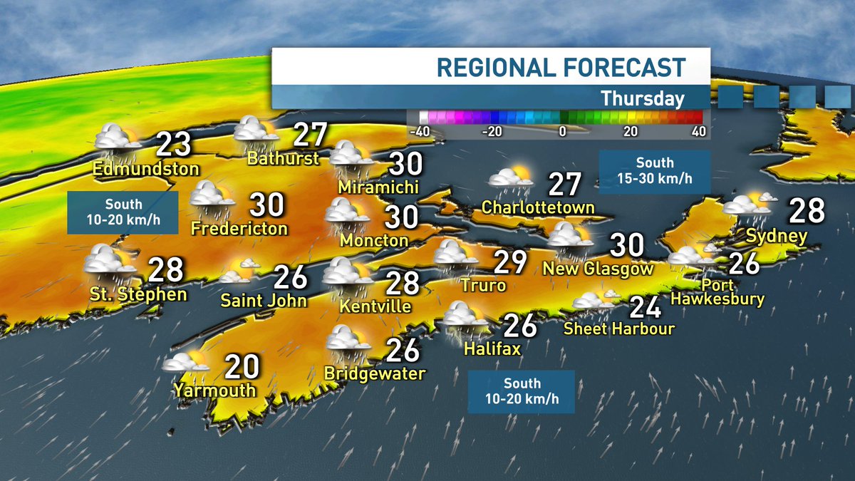ryansnoddon's tweet image. Muggy tonight & Thursday which means things will remain active.
Best chance of thunderstorms on Thursday will be across New Brunswick and northern Nova Scotia.
Mugginess fades through Thursday night & Friday... before rising even further through Sunday into Monday.