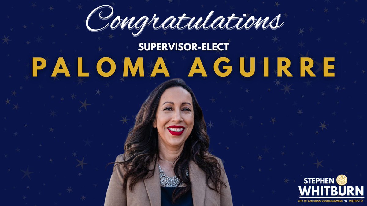 CMWhitburnD3's tweet image. Congratulations, Supervisor-Elect @paloma4D1 !
I look forward to working alongside a strong advocate on the San Diego County Board of Supervisors. Together, we will continue delivering for our shared downtown communities. Let’s get to work!