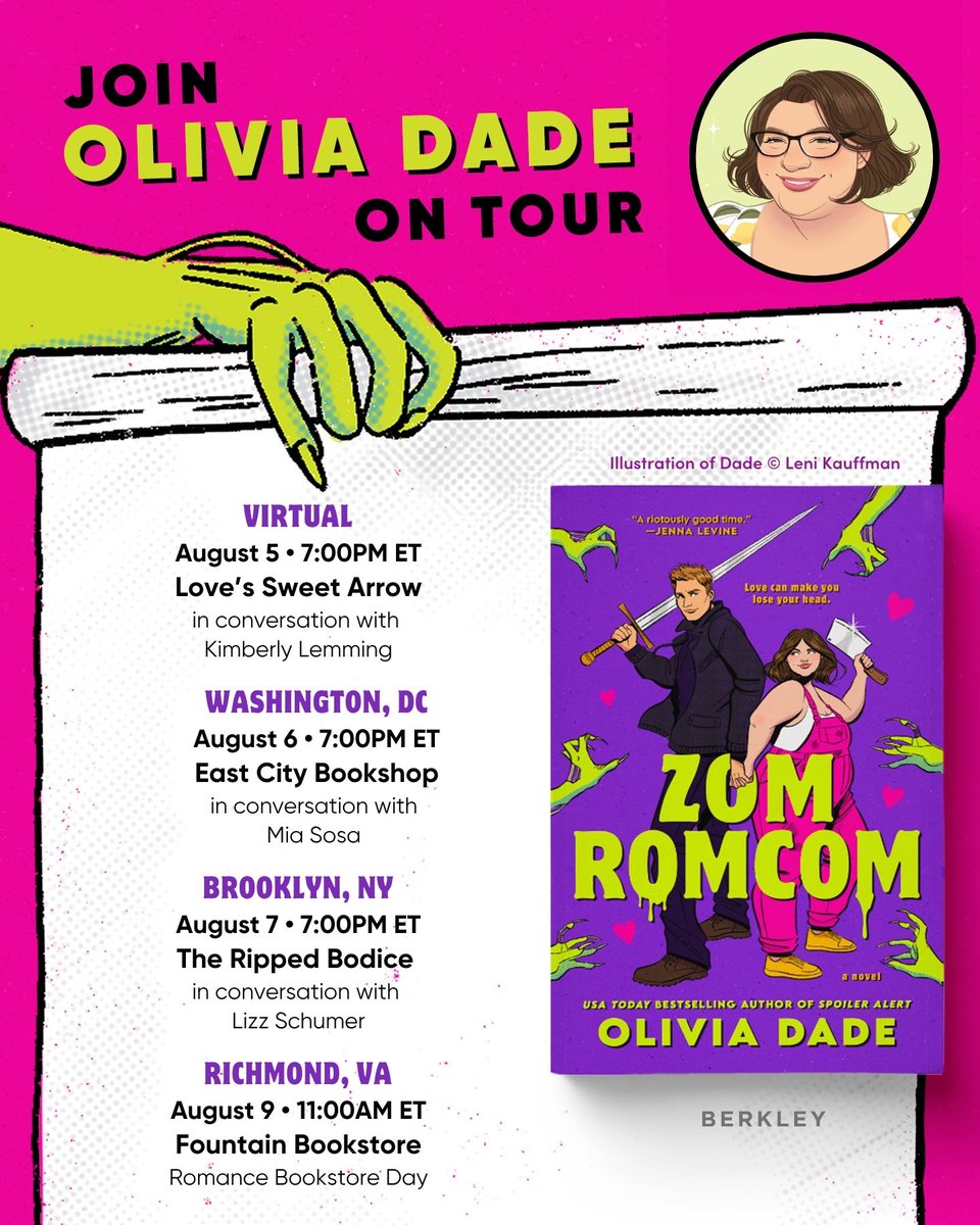 BerkleyRomance's tweet photo. Come see Olivia Dade on tour for ZOMROMCOM! Additionally, purchase a copy from one of the four bookstores and receive an exclusive, reversible dust jacket! 💜 https://t.co/75ybo5Xvlp