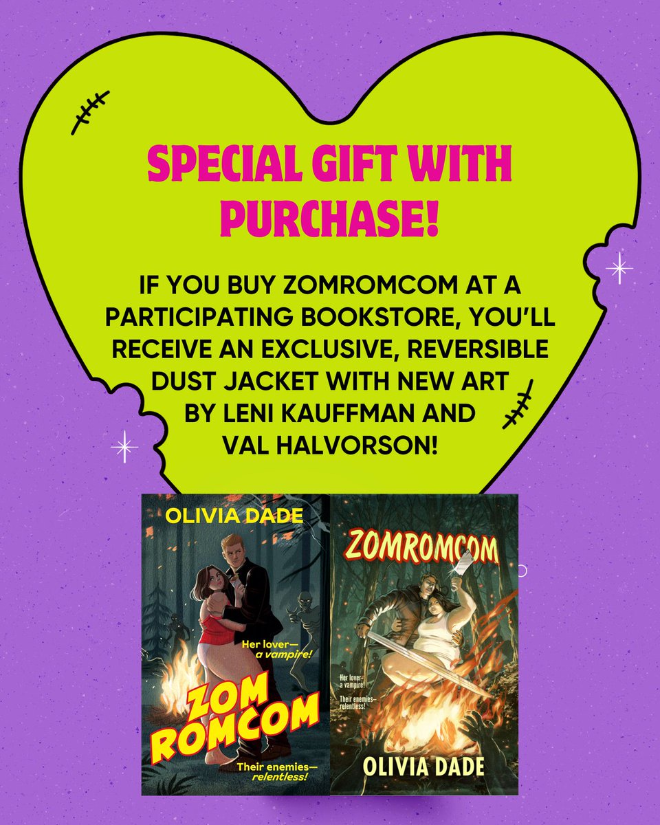 Come see Olivia Dade on tour for ZOMROMCOM! Additionally, purchase a copy from one of the four bookstores and receive an exclusive, reversible dust jacket! 💜