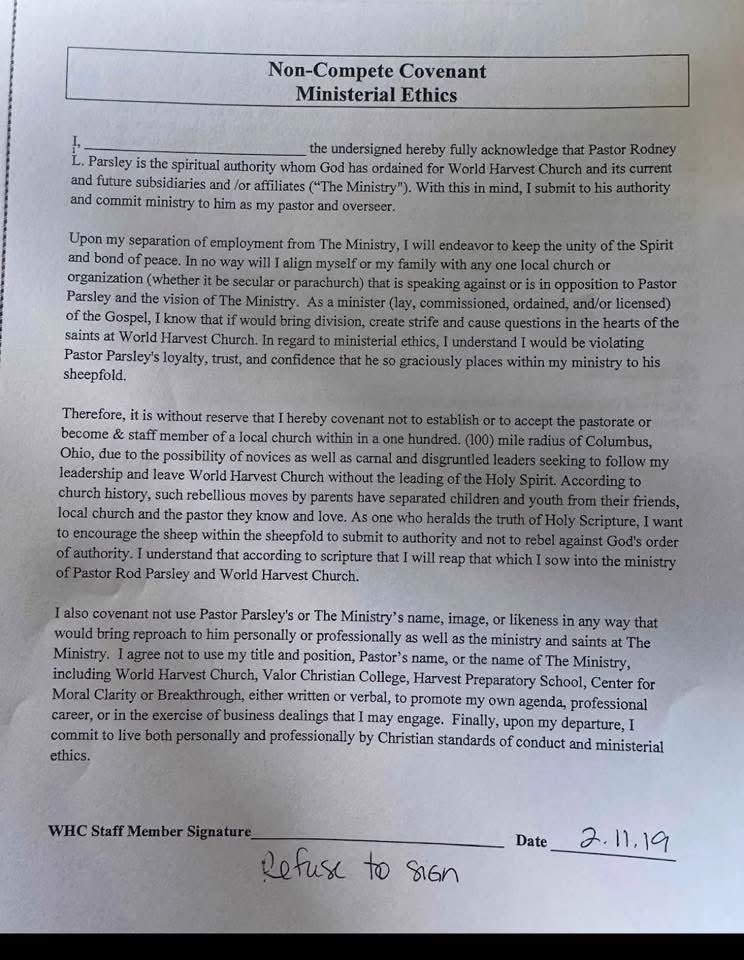 Rod Parsley had people signing this. 

It’s insane. Absolutely insane.

“In no way will I align myself or my family with any one local church or organization (whether it be secular or parachurch) that is speaking against or is in opposition to Pastor Parsley and the vision of The
