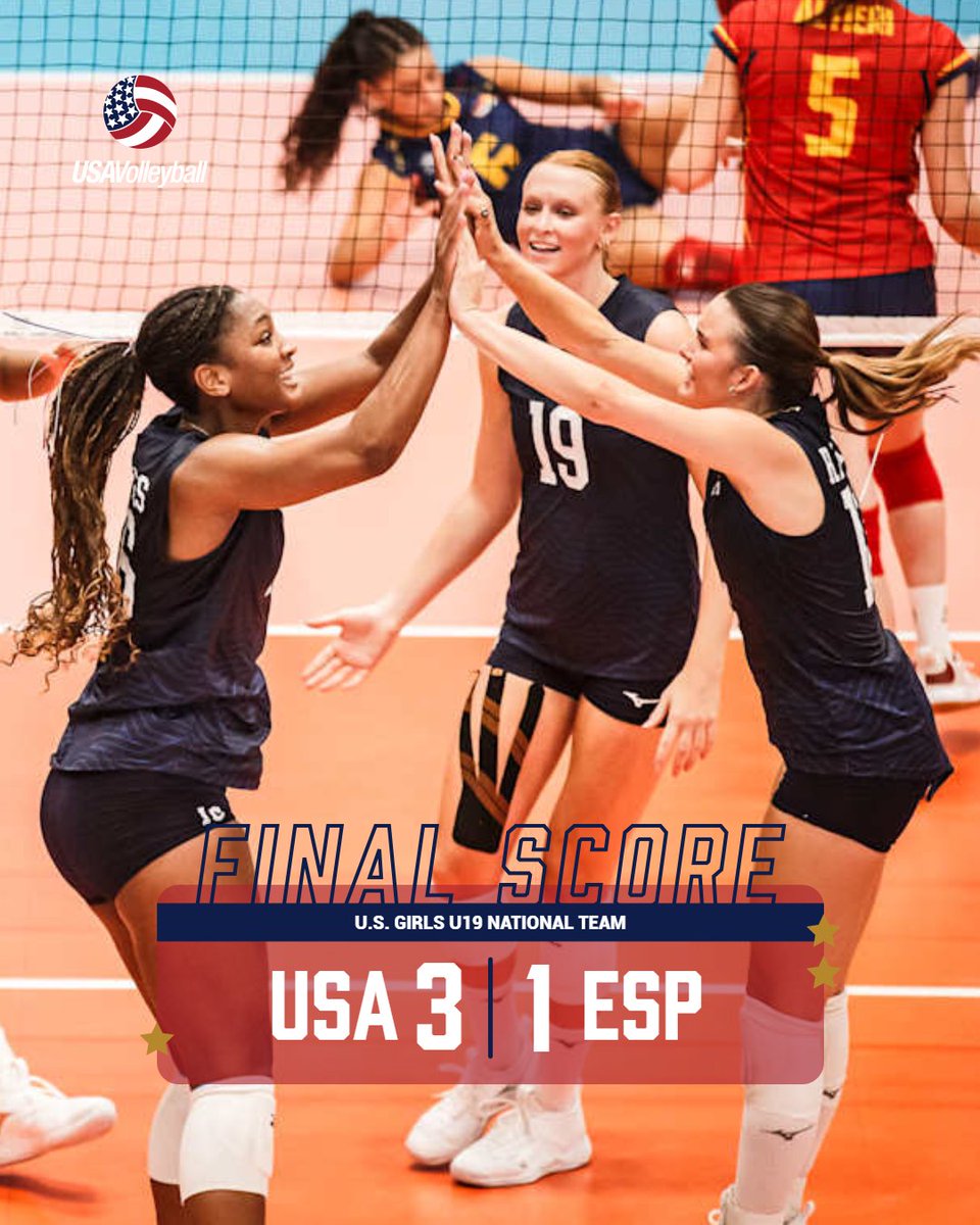 Starting off with a W! 🙌

The U.S. Girls U19 National Team opens the FIVB World Championship with a win over Spain 3-1 (22-25, 25-16, 25-12, 25-23) in Osijek, Croatia. Cari Spears and Gabrielle Nichols led USA with 14 points each.

Full recap: go.usav.org/7225gu19
