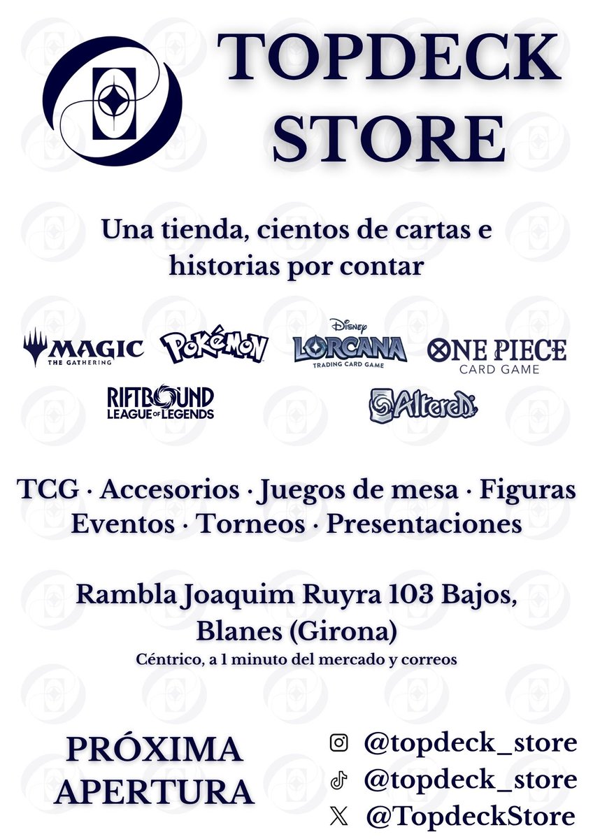 TopdeckStore's tweet photo. 🃏 ¡TopDeck Store llega a Blanes!

🎉 TCG, figuras, torneos, accesorios y más.

💥 Magic, Pokémon, One Piece, Lorcana, Altered…

📍Rambla Joaquim Ruyra 103 (a 1 min de Correos)

💙 Una tienda, cientos de cartas e historias por contar.

🔔 Síguenos para no perderte la apertura https://t.co/487C1OzuAl