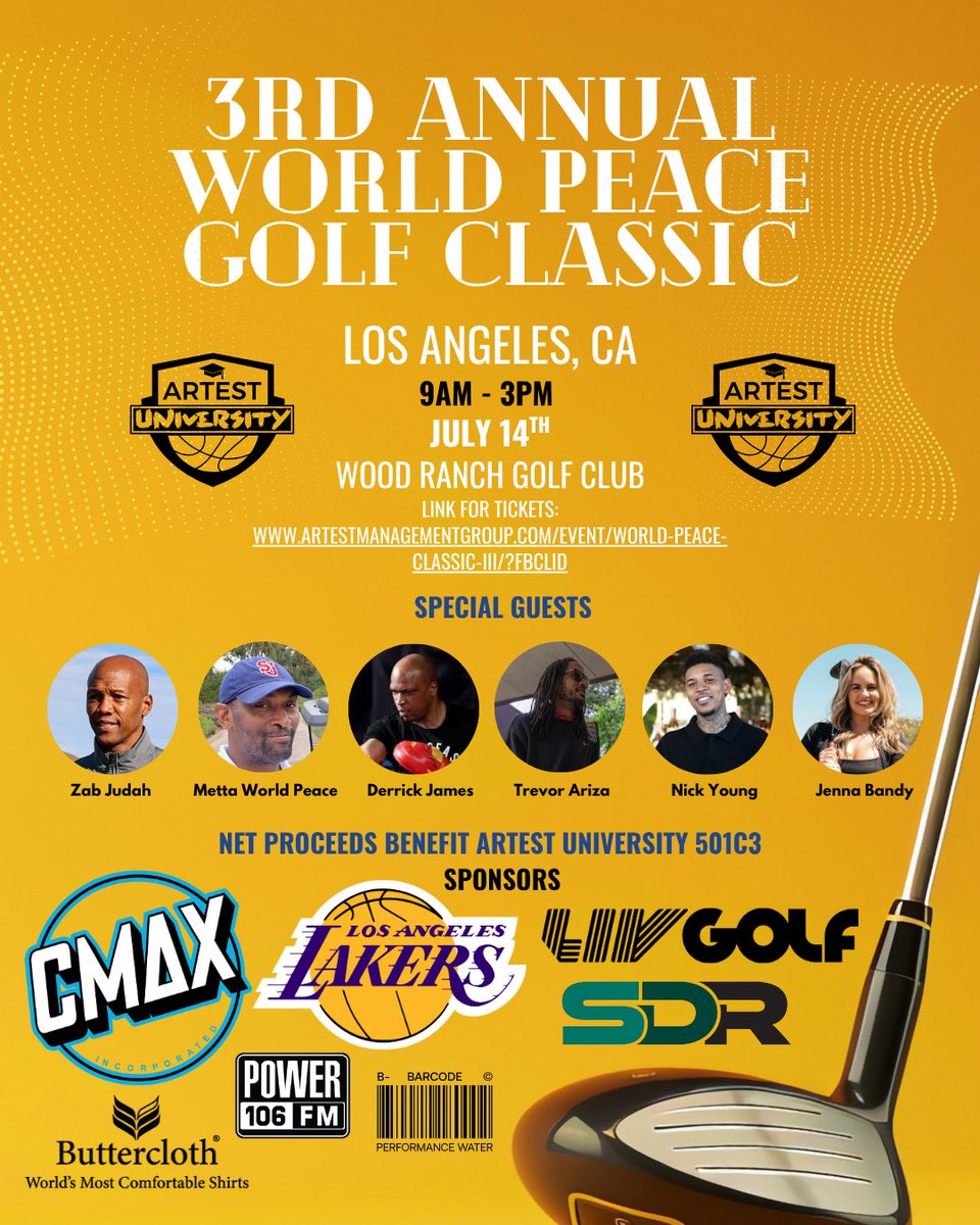 MettaWorld37's tweet image. ⛳️ World Peace Golf Classic III
📅 July 14 | 📍 Wood Ranch GC
🏌🏽♂️ Hosted by @MettaWorld37 & @ArtestUniv
🎉 NEW GUESTS:
🥊 Anthony Dirrell
🎙️ 19 Keys
🏀 Jenna Bandy
🎧 Media: Power 106
🔥 Sponsors: LIV Golf, Buttercloth, Barcode, SDR, Lakers
🎟️ Tickets:
artestmanagementgroup.com/event/world-pe……
