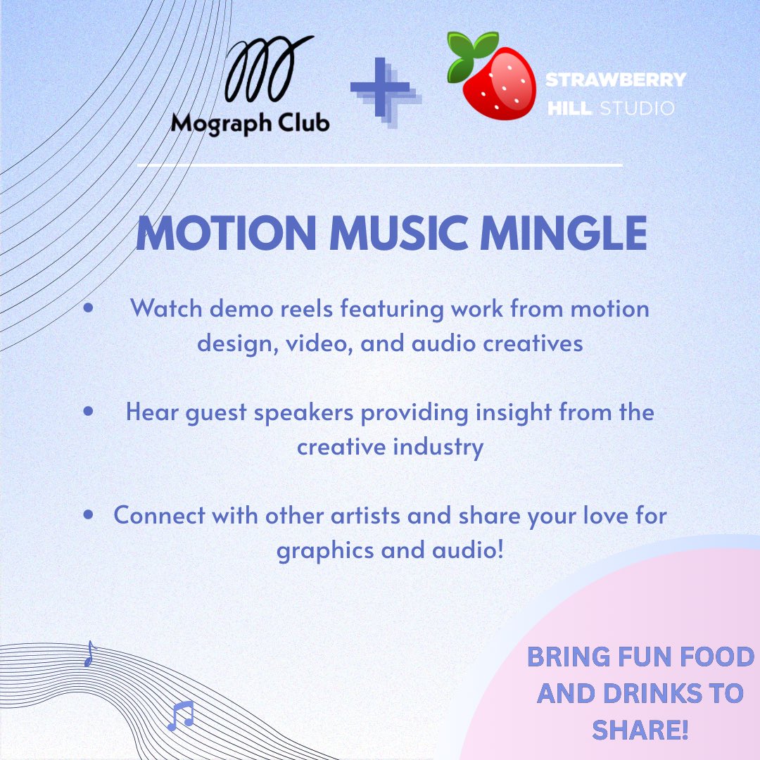 On July 12, we will be hosting a Motion Music Mingle with Mograph Club! Meet fellow artists in the fields of motion design, audio, and more, and learn about the creative industry with guest speakers and demo reel screenings! For more information, visit lu.ma/lr3x2fws