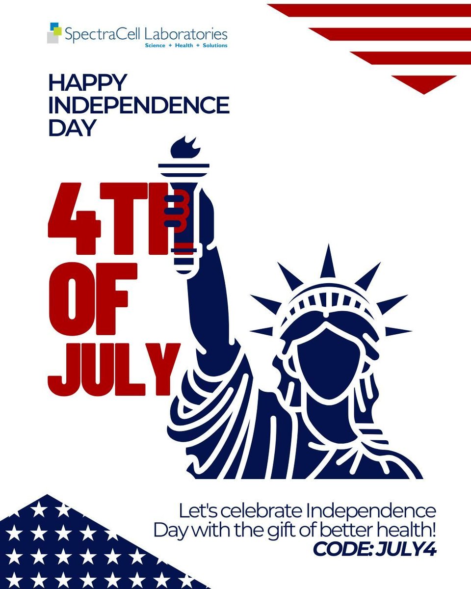 SpectraCellLab's tweet image. Your freedom to feel great starts now! 🇺🇸 Score 20% OFF of #SpectraCell&apos;s top health panels(MNT, Age Nexus &amp;amp; Baseline Nexus) with code JULY4, plus 15% OFF sitewide—no code needed. Optimize your wellness today: hubs.li/Q03vJdsM0 
Ends 7/7! #HealthFreedom #IndependenceDaySale