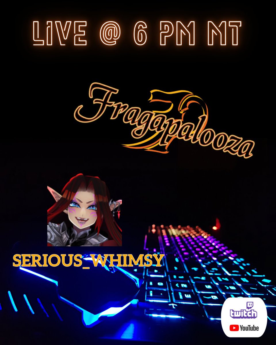 🔴 Live at 6pm MT Serious_Whimsy is brining a little chaos! Tune in on Youtube or Twitch to find out what.

Serious_Whismy will be joining us again this year at Fragapalooza2025 so come show some love.

#fragapalooza #fpevents #twitchstreamer #youtubestreamer #fragapalooza2025