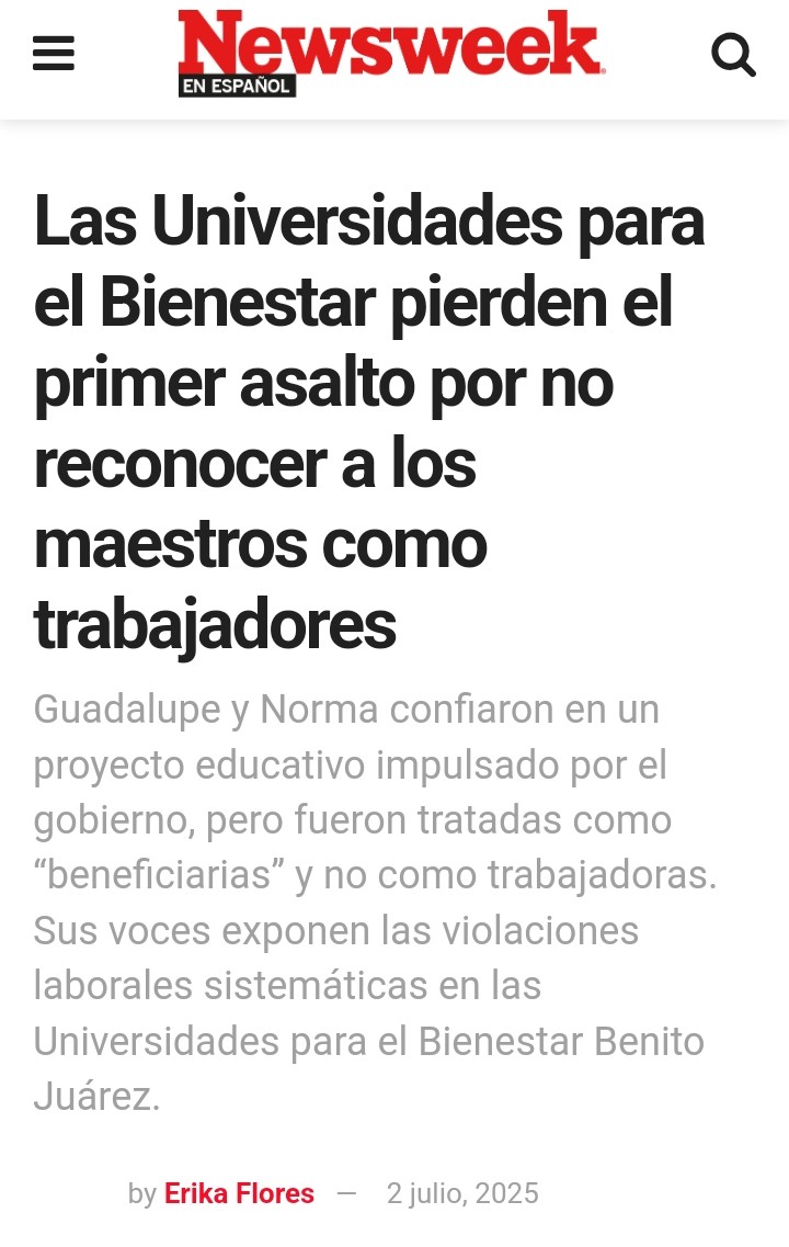 ReporteraErikaF's tweet image. #leer #maestros de #Universidad del
#Bienestar vivieron así su #contratacion
y #despido "Son #beneficiarios, no #docentes" les dijeron sus jefes. Hoy, van ganando por la vía del #amparo
newsweekespanol.com/2025/07/02/las…
