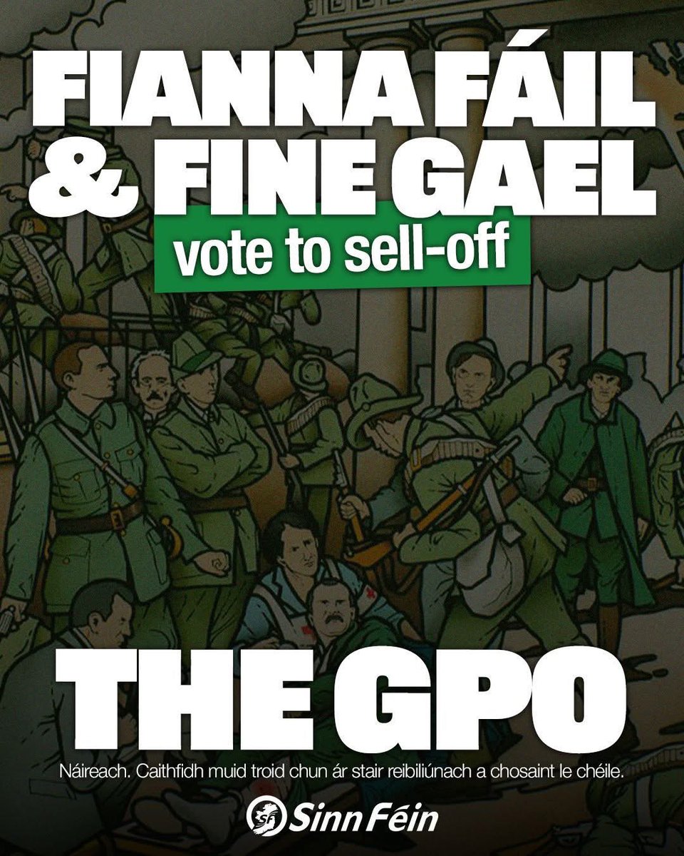 Total betrayal! Tonight, Fianna Fáil and Fine Gael voted to plough ahead with their shameful plan to turn the GPO into shopping units and offices.

The GPO belongs to the people - and this move is a betrayal of our rebel history.

We will not back down. We must fight to save the