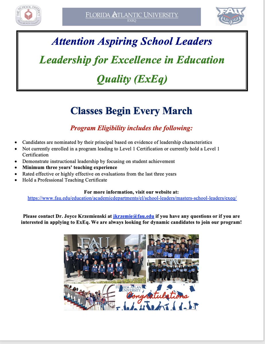 ExEq is accepting applications for Cohort 9. We would LOVE to have you a part of the program. Please view our webpage and contact Dr. K. if you are interested in earning a master's degree in educational leadership from FAU. fau.edu/education/acad…