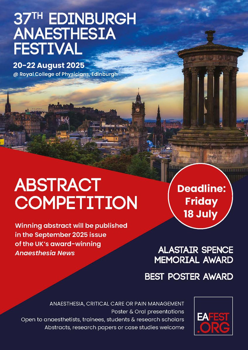 Edinburgh Anaesthesia Festival (@eafestival) on Twitter photo BREAKING NEWS! Abstract Competition deadline extended to Friday 18 July! (Edinburgh Anaesthesia Festival, 20-22 Aug <a href="/RCPEdin/">Royal College of Physicians of Edinburgh</a>) eafest.org
Abstracts can describe research, case reports or quality improvement work carried out by the authors in Anaesthesia, Critical BREAKING NEWS! Abstract Competition deadline extended to Friday 18 July! (Edinburgh Anaesthesia Festival, 20-22 Aug <a href="/RCPEdin/">Royal College of Physicians of Edinburgh</a>) eafest.org
Abstracts can describe research, case reports or quality improvement work carried out by the authors in Anaesthesia, Critical
