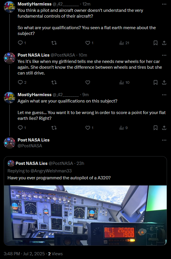 Pure gold.

Flerf: You are wrong about airplanes!

Me: I own an airplane and I am a license pilot. You?

Flerf: I PLAYED A VIDEO GAME!