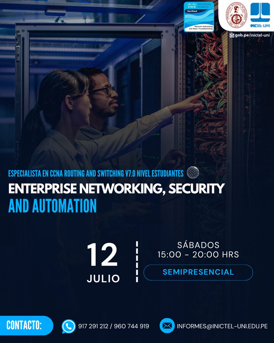 👨🏻‍💻 Enterprise Networking, Security &amp; Automation
📚 Cisco Networking CCNAv7
🖥 Inicio: 12/07/2025 | Sábados (15:00–20:00)
🕚 70 h | 👨🏻‍💻 Curso Semipresencial
🔗 Inscripción: acortar.link/2Pg5Av
📩 informes@inictel-uni.edu.pe
📲 wa.link/23coik / wa.link/gh4qrf
