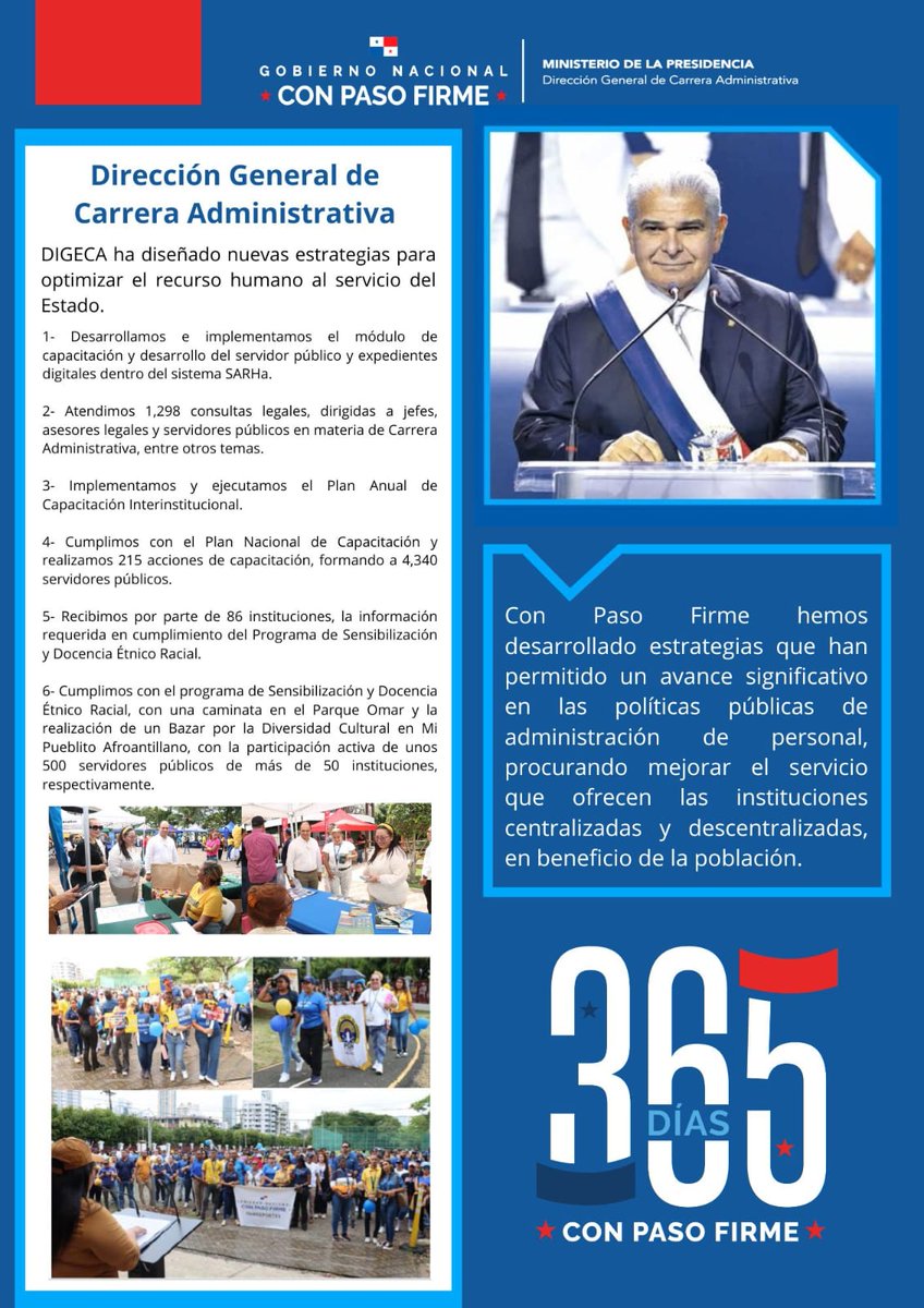 En concordancia con las principales estrategias del Plan de Gobierno del presidente José Raúl Mulino, DIGECA que dirige la licda Cheyla Valdés, en este primer año, a desarrollado una gestión encaminada con Paso Firme, a fortalecer el recurso humano al servicio del Estado.