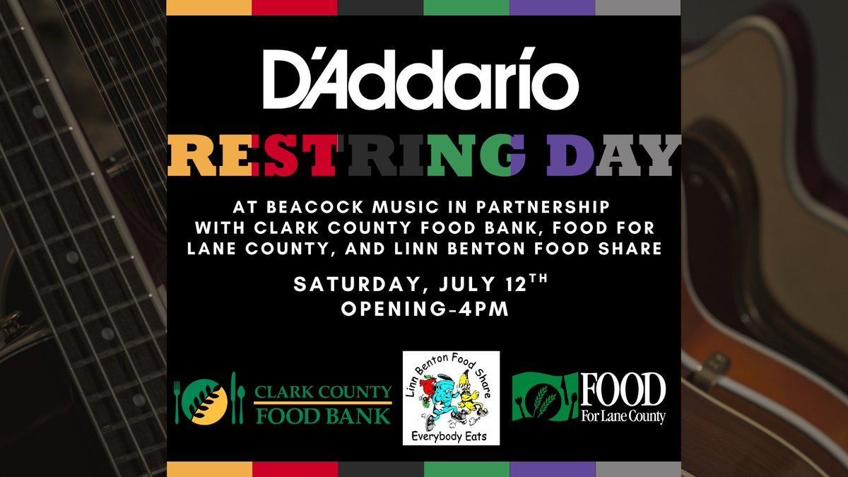 Saturday, July 12th is the day to get your guitar or bass restrung! Bring in some canned or non-perishable food for local food banks between opening-4pm. We will restring a standard acoustic, electric, or bass guitar with select D'Addario strings for FREE!