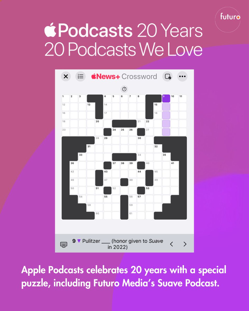 futuromedia's tweet image. .@ApplePodcasts is celebrating 20 years of podcasts with a special puzzle, featuring 20 medium-defining shows, including our very own Suave.
Complete the puzzle at apple.co/podcastspuzzle 🧩
Listen to Season 1 and Season 2 of Suave wherever you get your podcasts!