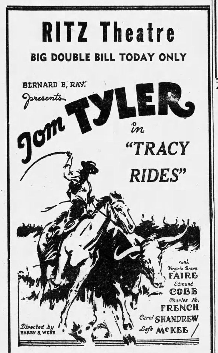 Aventuras de Tom Tyler (@aventurasdetom) on Twitter photo Tom Tyler is Tom Tracy in "Tracy Rides" (1935), a cinema ad from The Houston Chronicle.
#Bwestern #TomTyler #western #VirginiaBrownFaire #EdCobb Tom Tyler is Tom Tracy in "Tracy Rides" (1935), a cinema ad from The Houston Chronicle.
#Bwestern #TomTyler #western #VirginiaBrownFaire #EdCobb