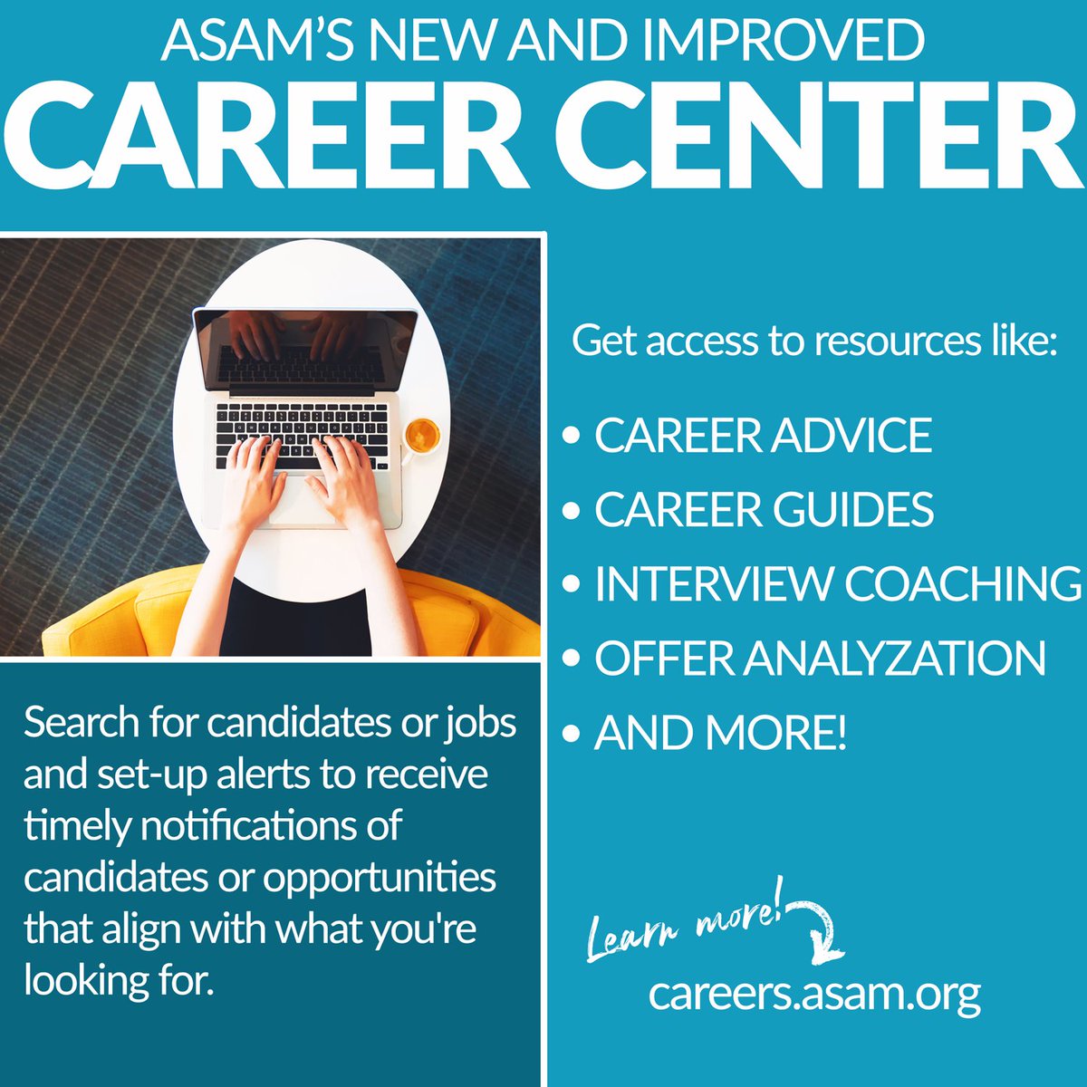 Access our career resources and tools to help you find your next great opportunity &gt;&gt; ow.ly/c8Kc50WataB

#ASAM #AddictionTreatment #AddictionMedicine #CareerCenter