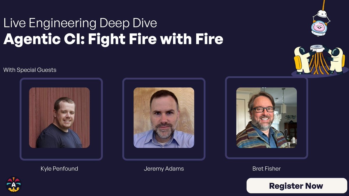Dagger (@dagger_io) on Twitter photo What is Agentic CI, and why do you need it now?
Join <a href="/kylepenfound/">Kyle Penfound</a>, <a href="/jpadamspdx/">Jeremy Adams</a>, and <a href="/BretFisher/">Bret Fisher</a> on July 15 for a live engineering deep dive.
Get the what, why, and how of AI-powered CI/CD. Register below! What is Agentic CI, and why do you need it now?
Join <a href="/kylepenfound/">Kyle Penfound</a>, <a href="/jpadamspdx/">Jeremy Adams</a>, and <a href="/BretFisher/">Bret Fisher</a> on July 15 for a live engineering deep dive.
Get the what, why, and how of AI-powered CI/CD. Register below!