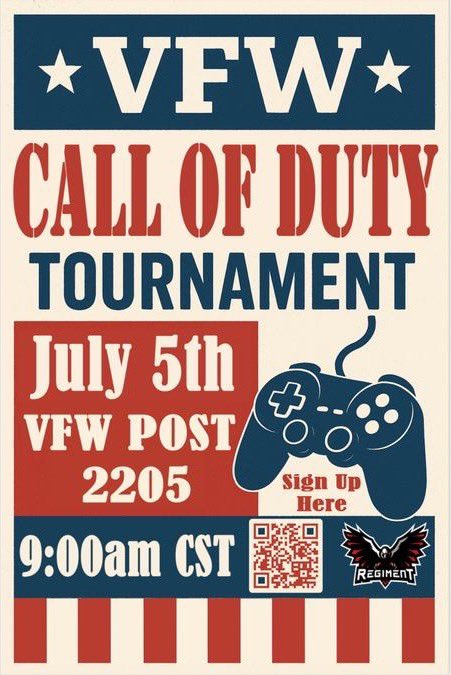 REGIMENT 🇺🇸 (@regimentgg) on Twitter photo REGIMENT is teaming up with <a href="/VFWHQ/">VFW National HQ</a> Post 2205 in Denton, TX to host a $1,000 2v2 Call of Duty LAN Tournament! 🇺🇸
🗓️ Saturday, July 5th | 9:00 AM
📍 909 Sunset St., Denton, TX (VFW Post 2205)
Sign up / more info below! ⬇️ REGIMENT is teaming up with <a href="/VFWHQ/">VFW National HQ</a> Post 2205 in Denton, TX to host a $1,000 2v2 Call of Duty LAN Tournament! 🇺🇸
🗓️ Saturday, July 5th | 9:00 AM
📍 909 Sunset St., Denton, TX (VFW Post 2205)
Sign up / more info below! ⬇️