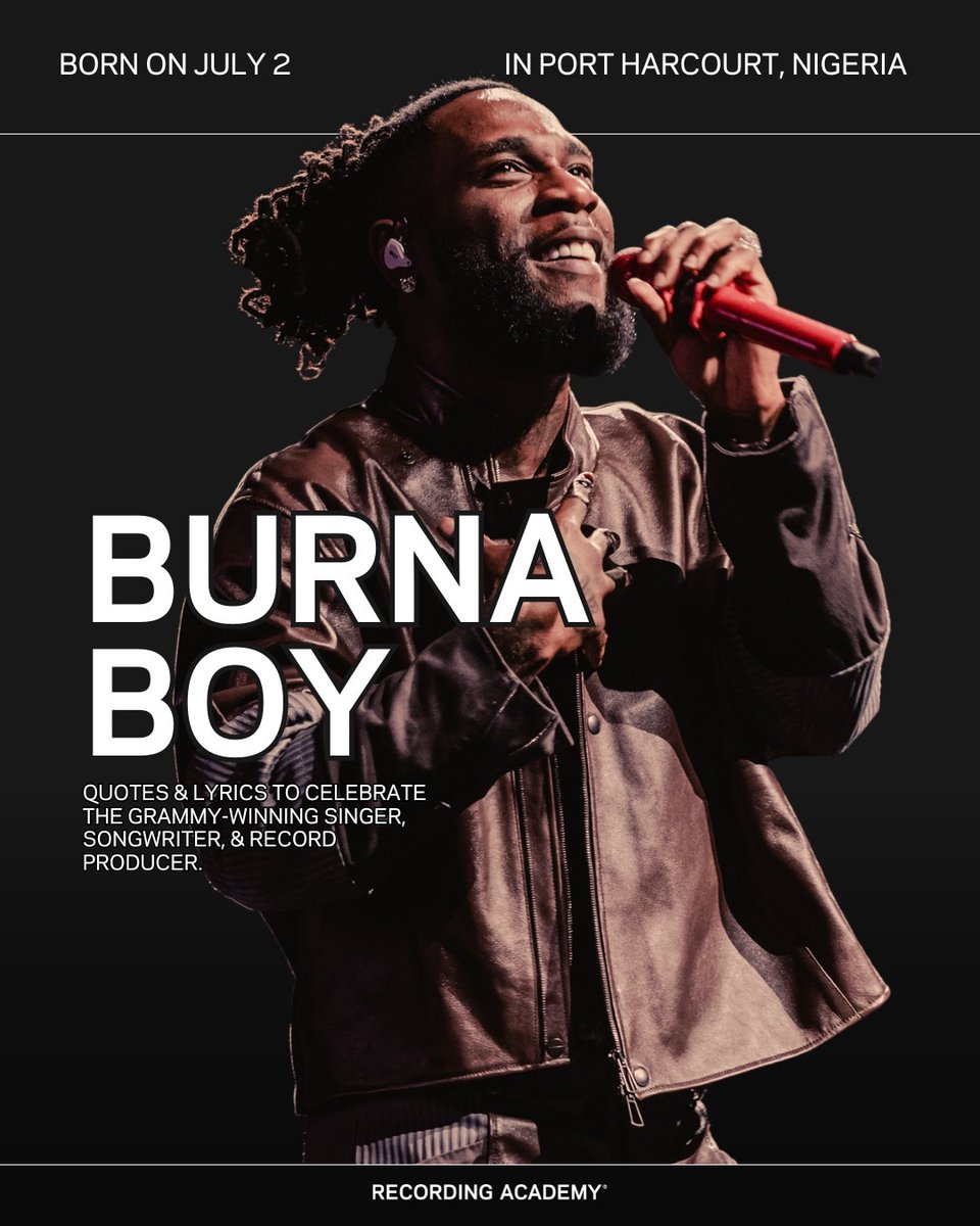 RecordingAcad's tweet image. Happy Birthday to the Nigerian superstar, @burnaboy!
🎤 Since releasing his first mixtape, 'Burn Notice,' in 2011, Burna Boy has taken the world by storm with his soulful vocals, genre-bending style, and endless charisma. In 2021, his album ‘Twice As Tall’ took home the GRAMMY…